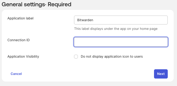 Bitwarden General Settings tab showing Application label and Connection ID fields