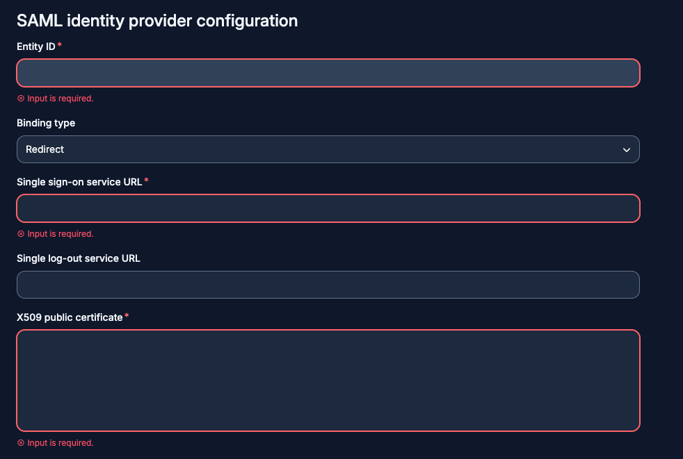 Bitwarden SAML identity provider configuration form showing Entity ID, Single sign-on service URL, and X.509 public certificate fields