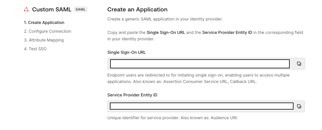 SafetyCulture Custom SAML configuration page showing Single Sign-On URL and Service Provider Entity ID fields