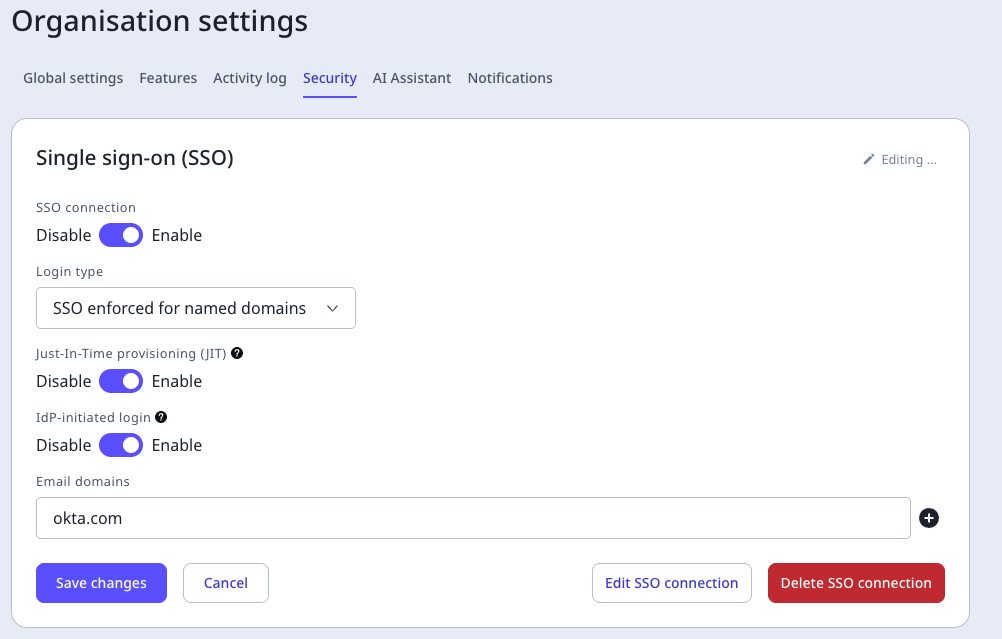 SafetyCulture Single Sign-On settings showing the SSO connection toggle