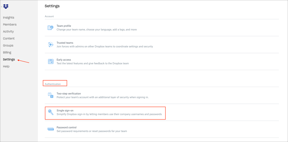 Settings > Authentication > Single sign-on