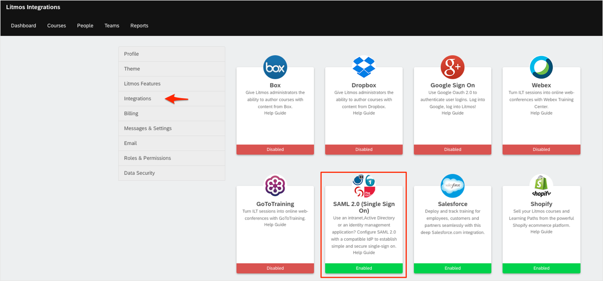Navigate Integrations and select SAML 2.0 (Single Sign On)