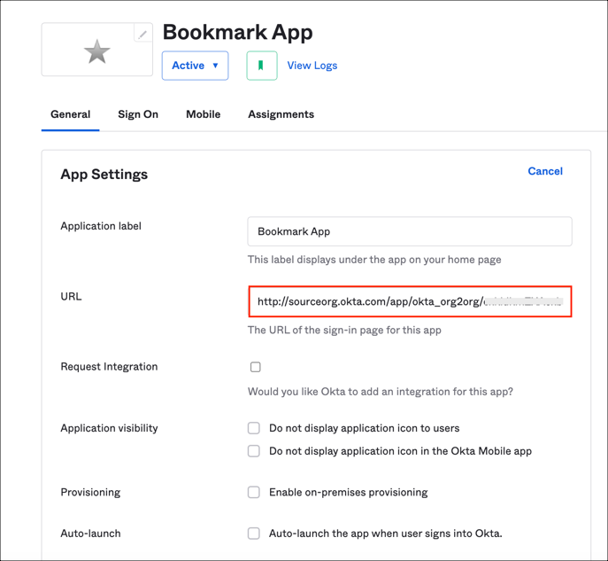 Okta General tab, App Embed Link section. Copy the value from the Okta Org Admin URL field and add this to your Bookmark URL after the string you added from the previous step