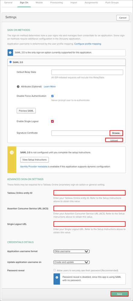 Upload the Tableau certificate, en the Assertion Consumer Service URL (ACS), Tableau Online entity ID, and Single Logout URL values into Okta
