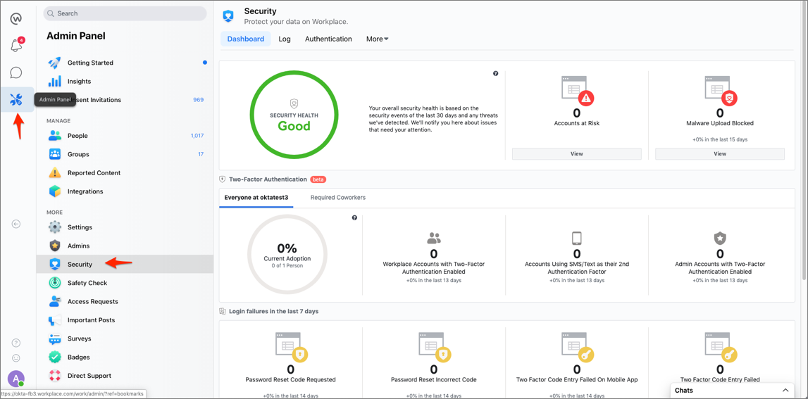 In Workplace, go to Admin Panel -> Security