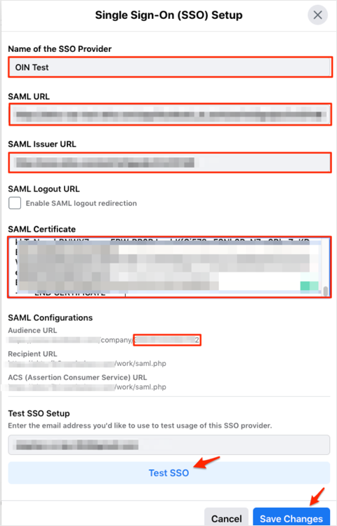 enter SAML configuration values