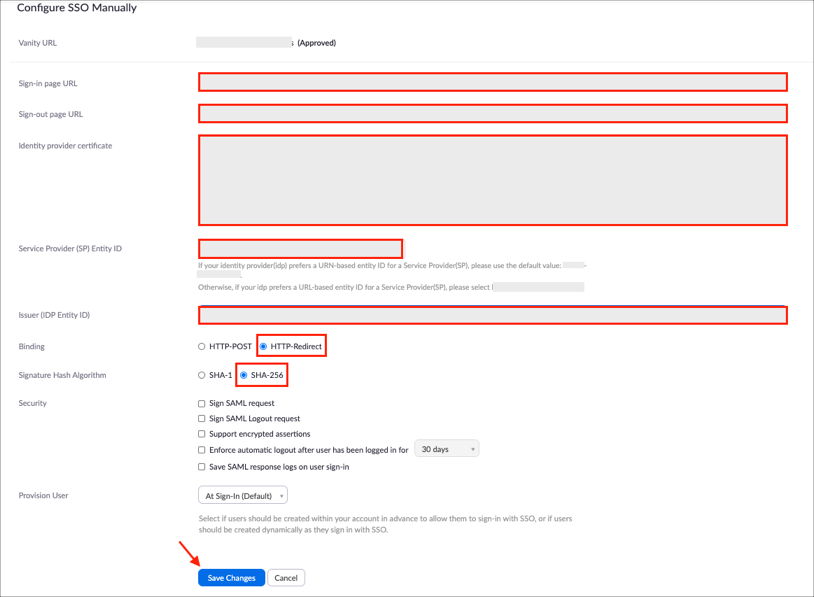 Enter SAML config values